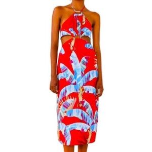 FARM Rio Red and Blue Tropical Midi Dress